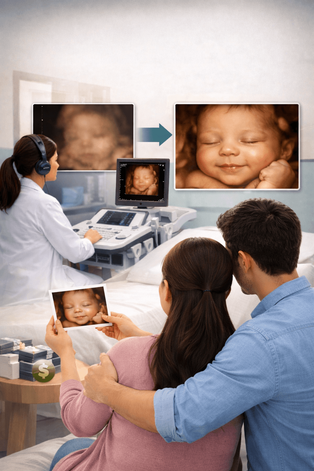 Bác sĩ siêu âm 3D/4D, bố mẹ hạnh phúc ngắm nhìn hình ảnh em bé cười rõ nét