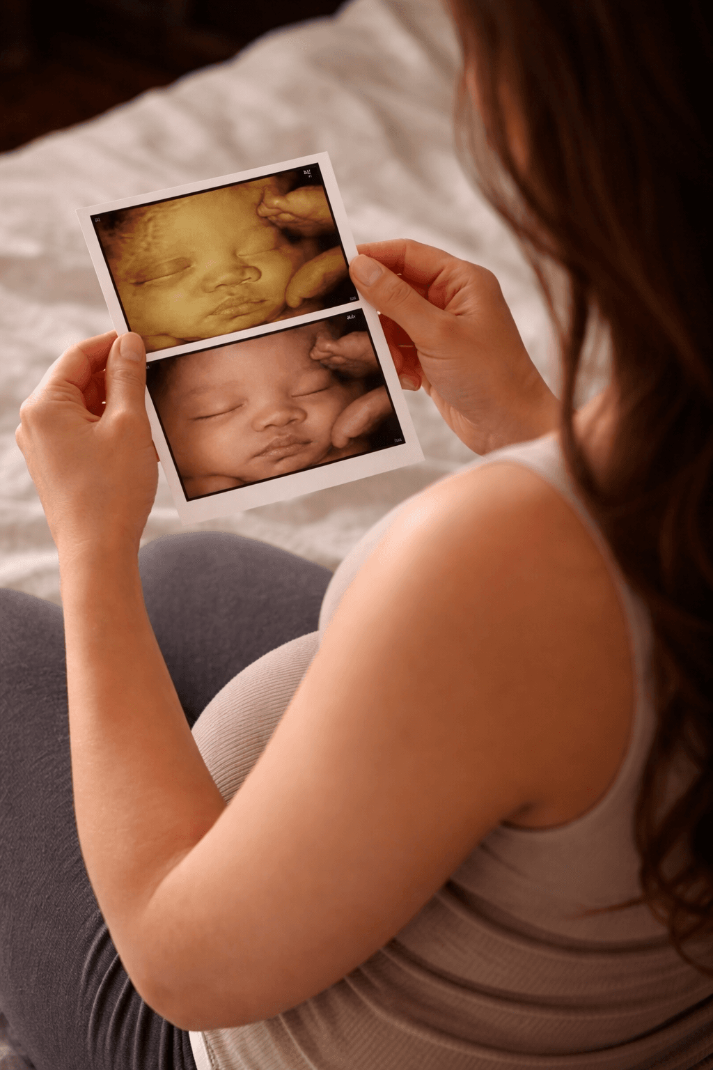 Mẹ bầu mỉm cười ngắm ảnh con